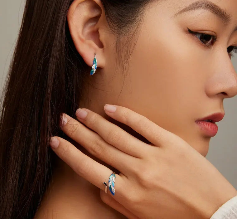 Blue Feather Open Ring & Drop Earrings Set – 925 Sterling Silver