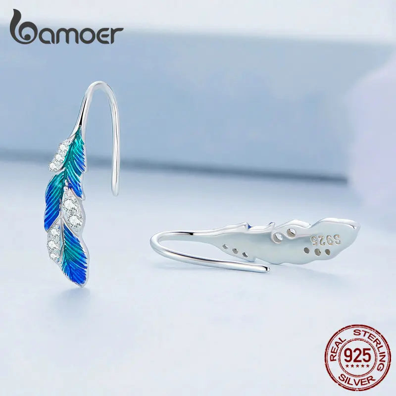 Blue Feather Open Ring & Drop Earrings Set – 925 Sterling Silver