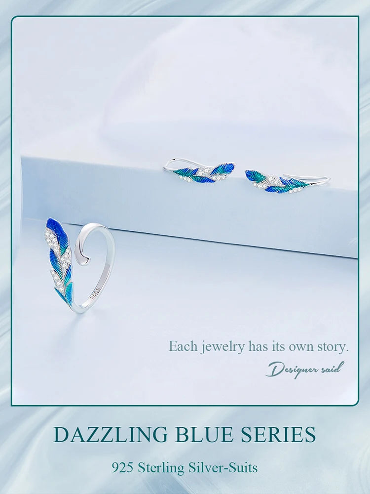 Blue Feather Open Ring & Drop Earrings Set – 925 Sterling Silver