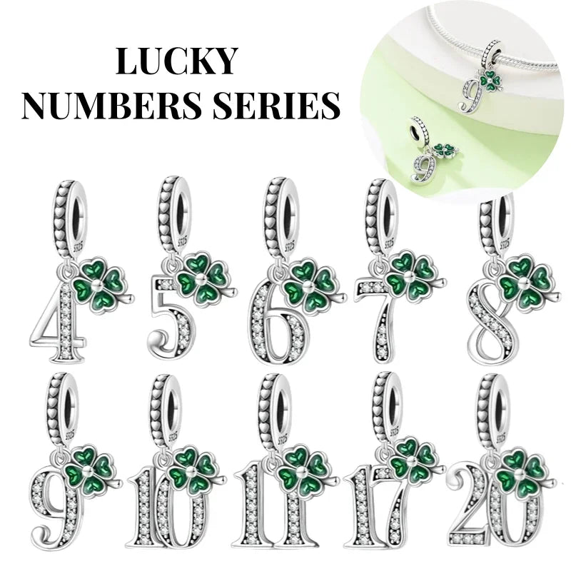 Sterling Silver Number 9 Charm with Green Four-Leaf Clover
