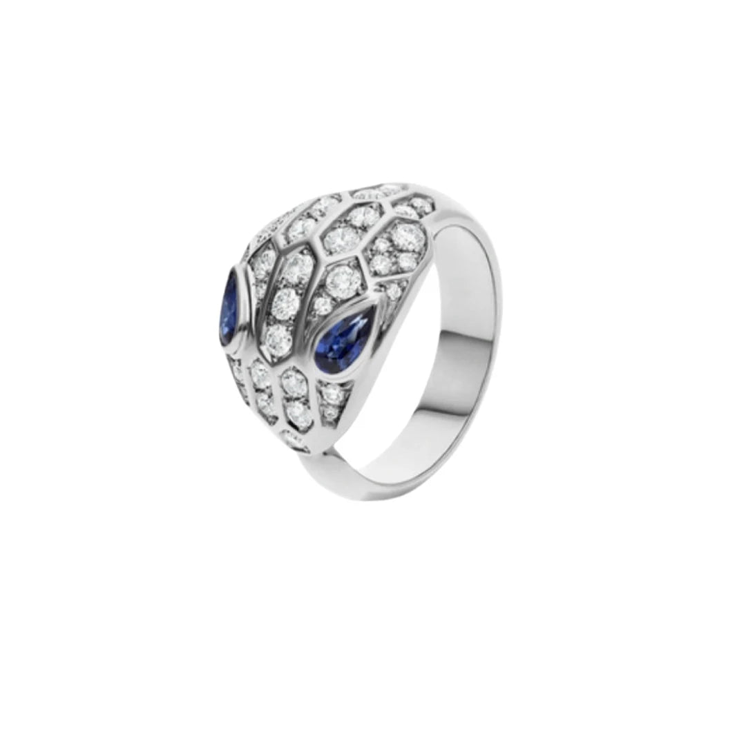 Elegant full diamond snake-shaped ring with natural sapphire and kyanite accents in sterling silver
