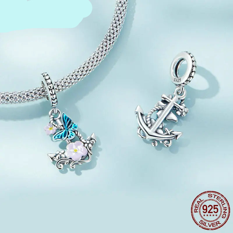 Sterling Silver Cross Charm with Butterfly & Flower