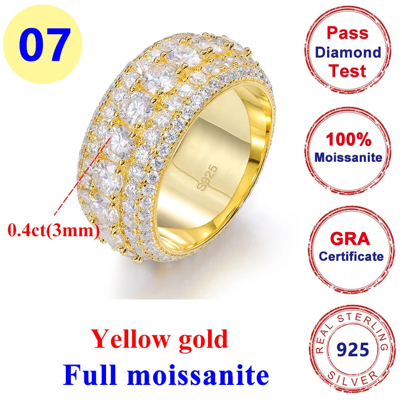 2CT Moissanite Diamond Round Hip-hop Ring 925 Silver Gold for Men & Women