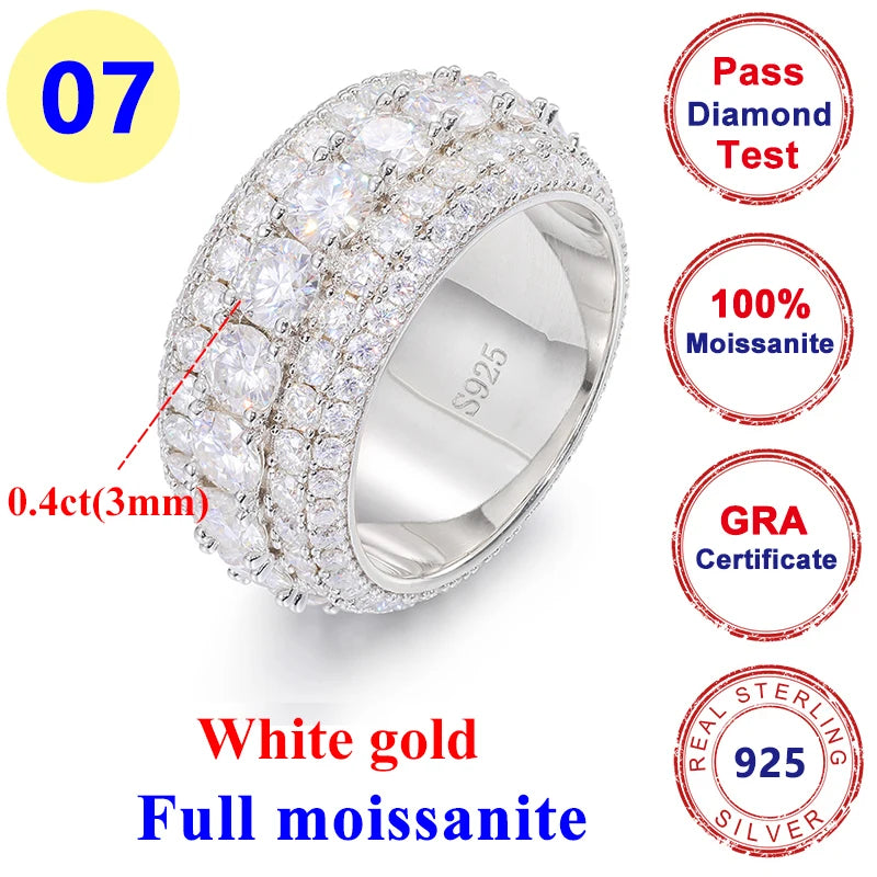 2CT Moissanite Diamond Round Hip-hop Ring 925 Silver Gold for Men & Women