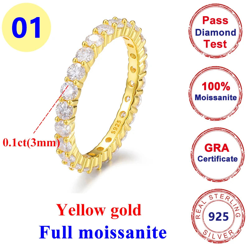 2CT Moissanite Diamond Round Hip-hop Ring 925 Silver Gold for Men & Women