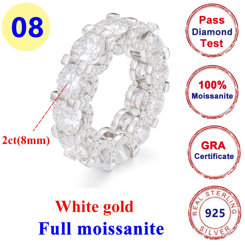 2CT Moissanite Diamond Round Hip-hop Ring 925 Silver Gold for Men & Women
