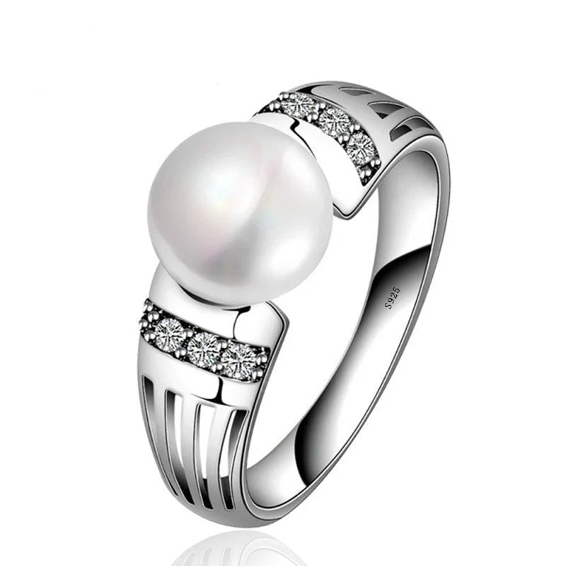 Silver pearl and cubic zirconia ring for women wedding gift