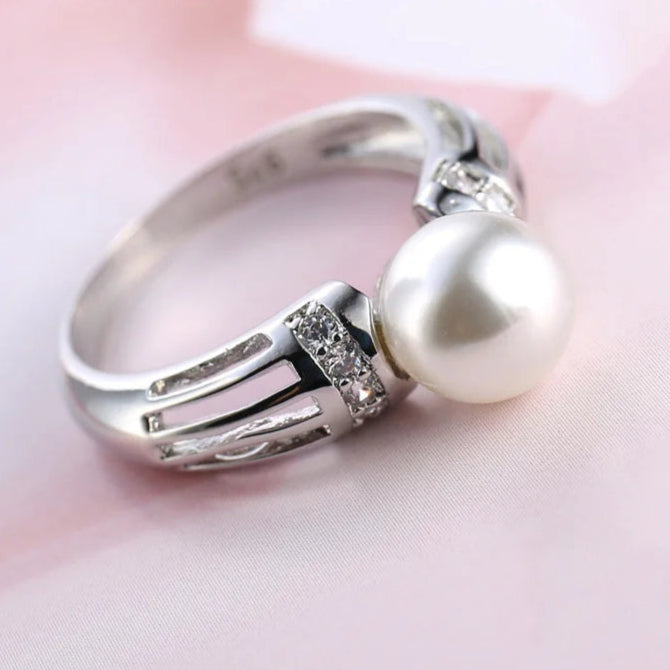 Silver Pearl & CZ Ring for Women | Elegant Wedding Gift