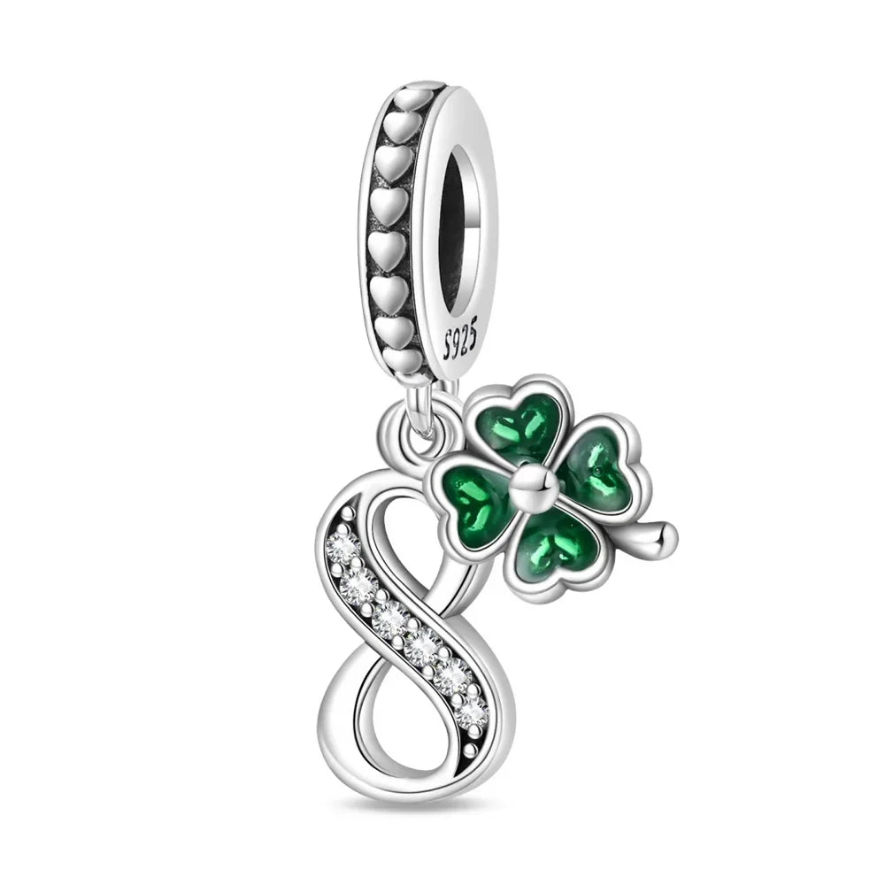 Sterling silver number 8 dangle charm with green four-leaf clover – lucky bead