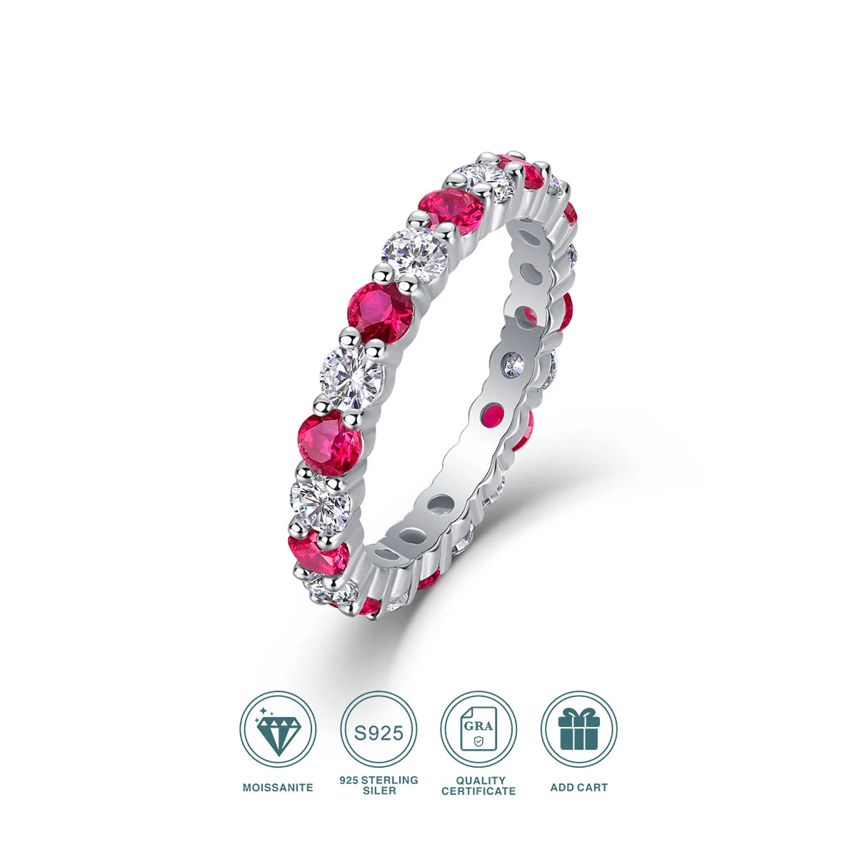 Gold plated moissanite and ruby ring on sterling silver