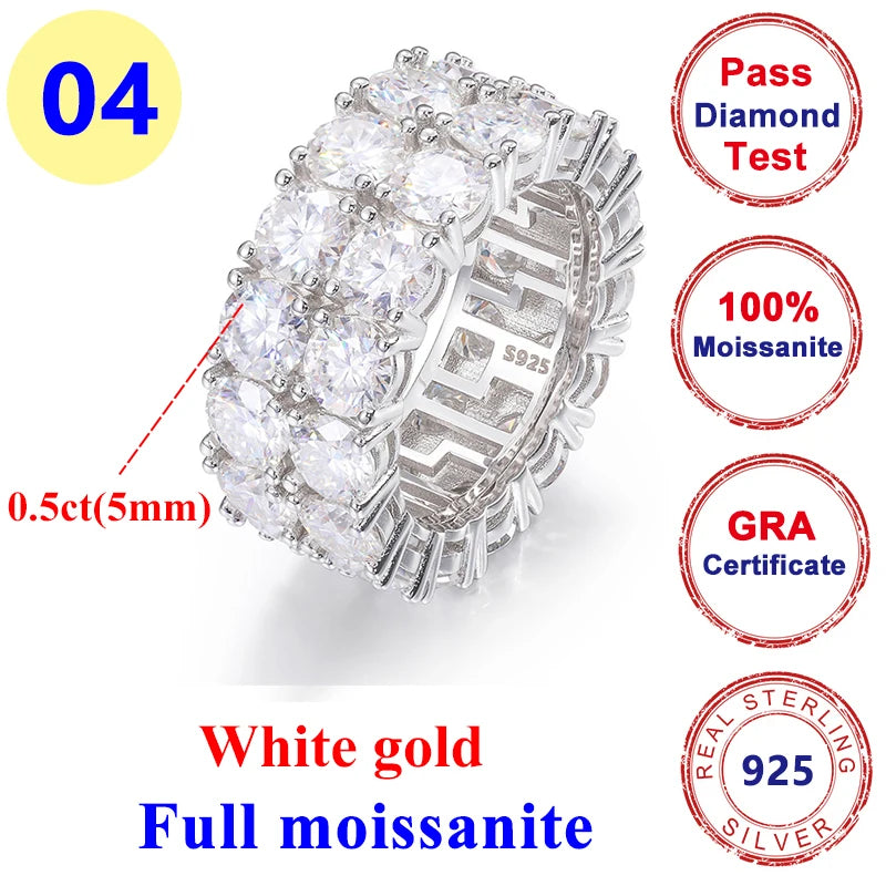 2CT Moissanite Diamond Round Hip-hop Ring 925 Silver Gold for Men & Women