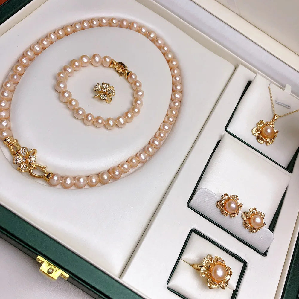 8-9mm Freshwater Pearl Round Jewelry Set – Necklace, Bracelet, Earrings, Ring, Pendant