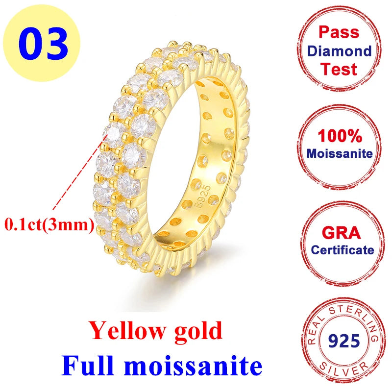 2CT Moissanite Diamond Round Hip-hop Ring 925 Silver Gold for Men & Women
