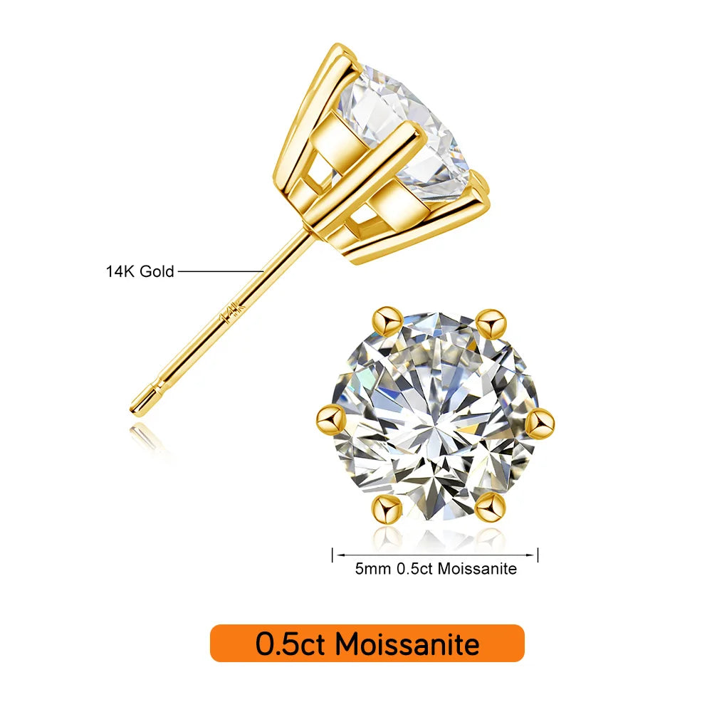 14K gold moissanite stud earrings with white moissanite round cut in a classic 6-claw design.