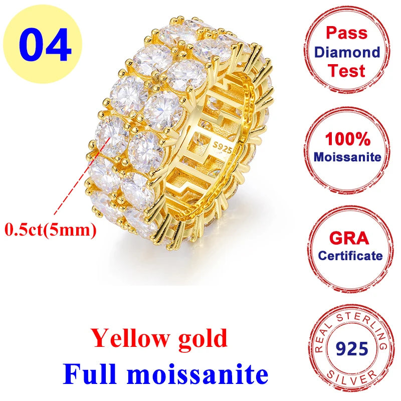 2CT Moissanite Diamond Round Hip-hop Ring 925 Silver Gold for Men & Women