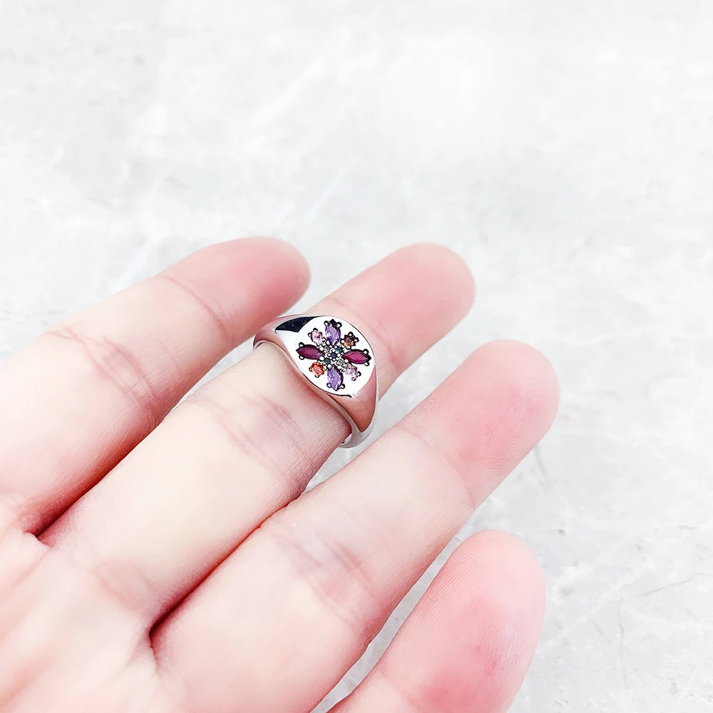 Boho Flower Ring Colorful Stones 925 Silver Gift