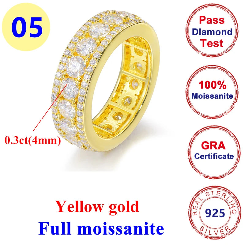 Stylish unisex Moissanite round diamond ring, 18k gold plated, 925 sterling silver, perfect for hip-hop style.