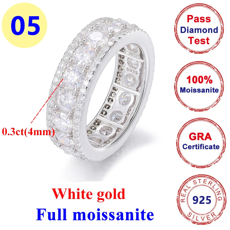 2CT Moissanite Diamond Round Hip-hop Ring 925 Silver Gold for Men & Women