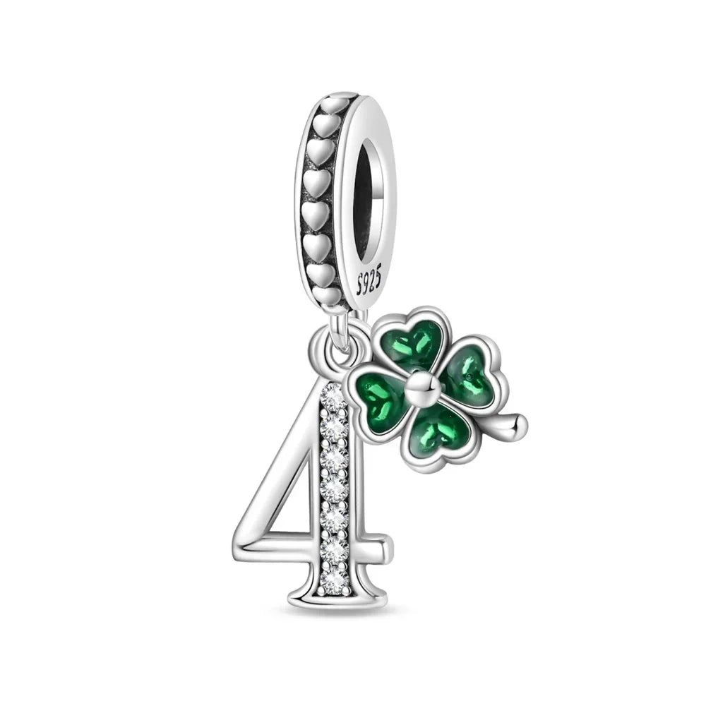 Sterling silver number 4 dangle charm with green four-leaf clover – lucky birthday bead