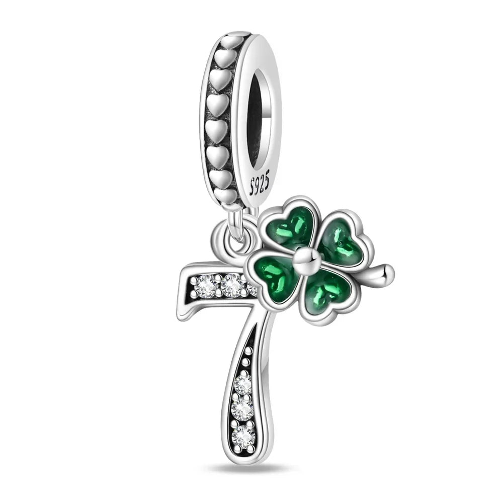 Sterling silver number 7 dangle charm with green four-leaf clover – lucky milestone bead
