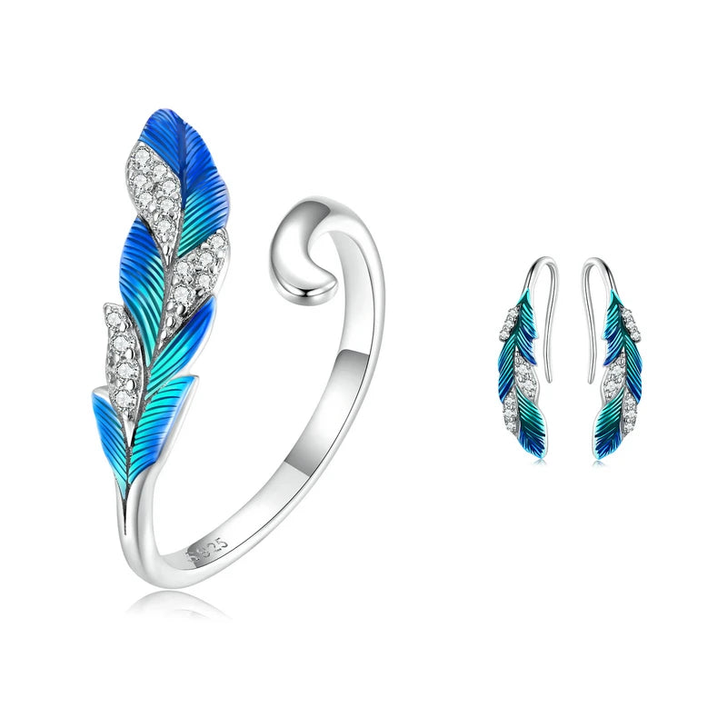 Blue Feather Open Ring & Drop Earrings 925 Sterling Silver