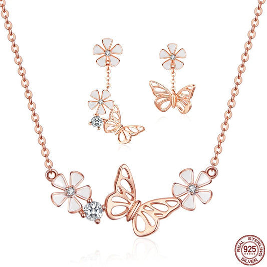 Rose Butterfly Jewelry Set – 925 Silver & K Gold