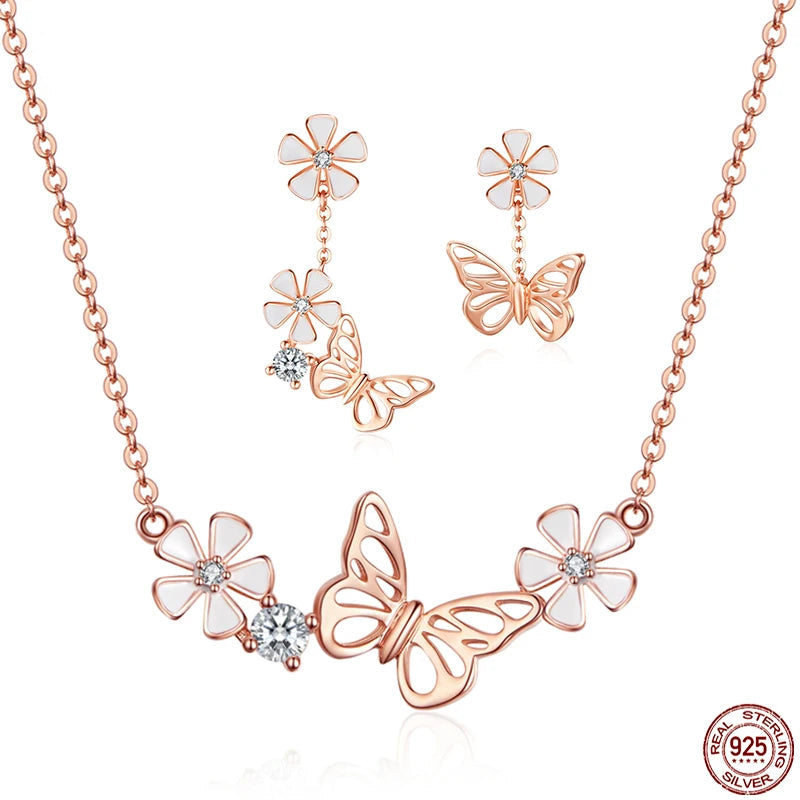 925 Sterling Silver K Gold Rose Earring Butterfly Necklace Set