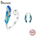 Blue Feather Open Ring & Drop Earrings 925 Sterling Silver