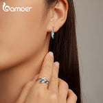 Blue Feather Open Ring & Drop Earrings 925 Sterling Silver