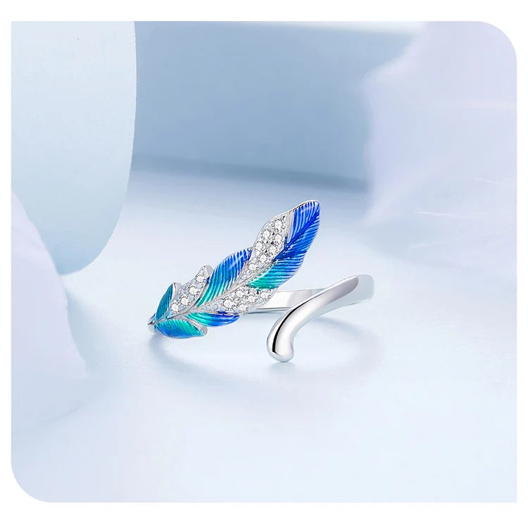 Blue Feather Open Ring & Drop Earrings Set – 925 Sterling Silver