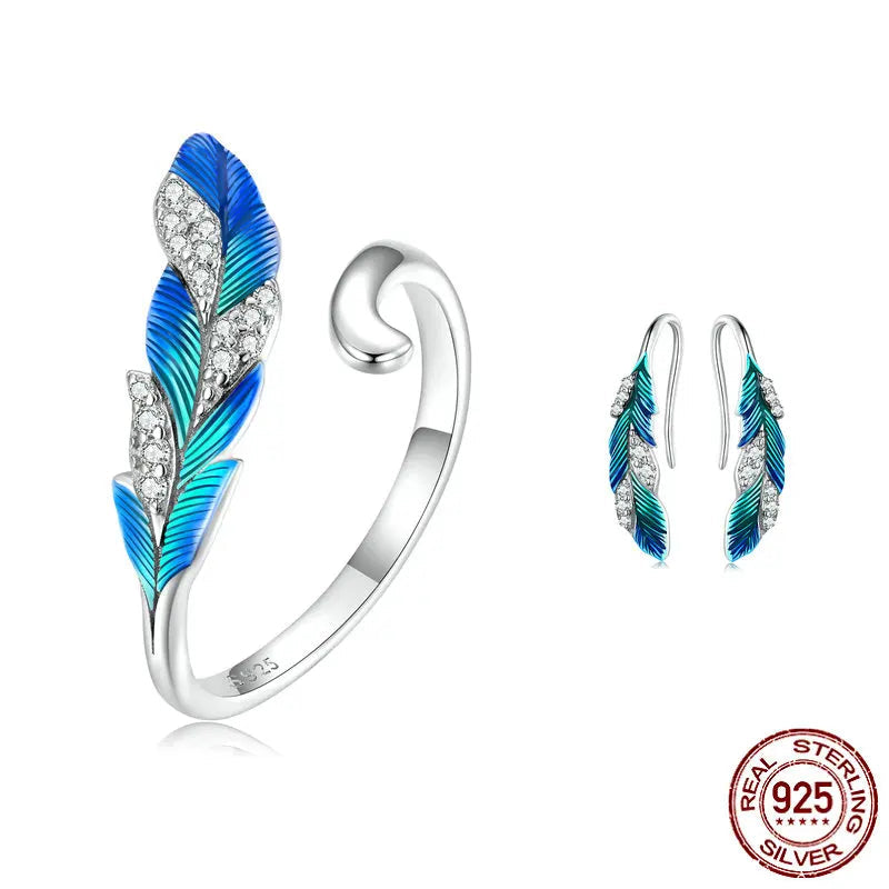 Blue Feather Open Ring & Drop Earrings 925 Sterling Silver