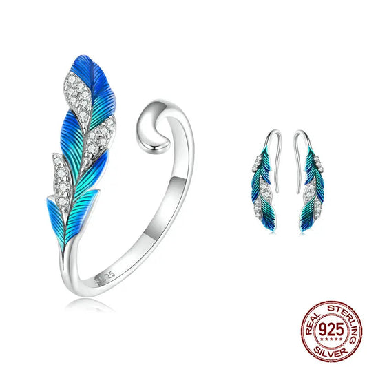 Blue Feather Open Ring & Drop Earrings 925 Sterling Silver