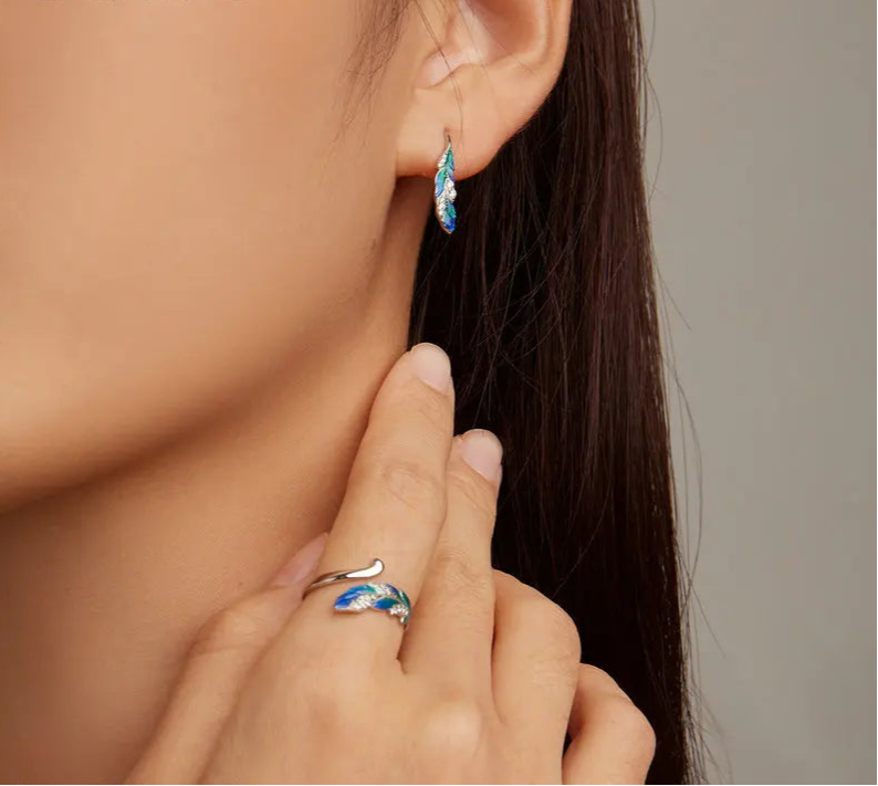 Blue Feather Open Ring & Drop Earrings 925 Sterling Silver