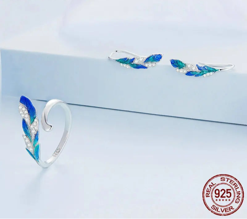Blue Feather Open Ring & Drop Earrings 925 Sterling Silver