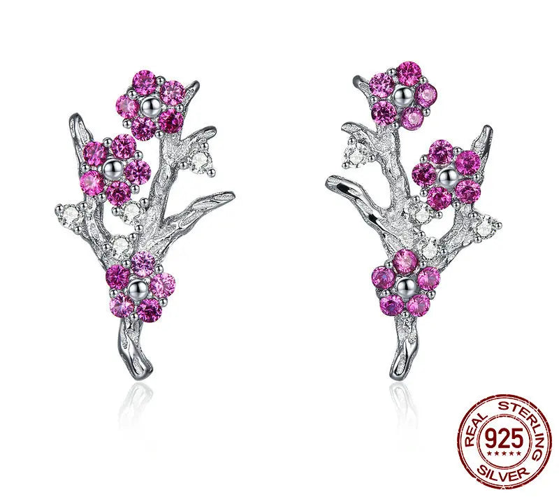 925 Sterling Silver Plum Blossom Flower Stud Earrings