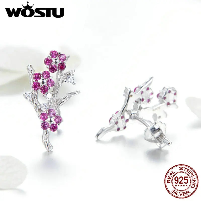 925 Sterling Silver Plum Blossom Flower Stud Earrings