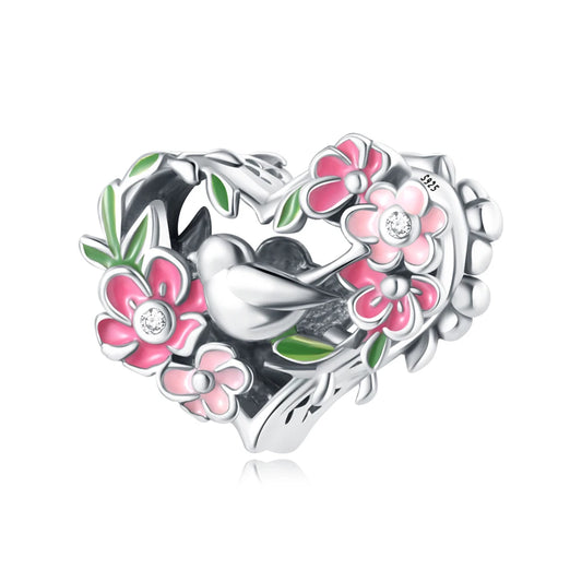 Sterling Silver Floral Heart Charm with Bird