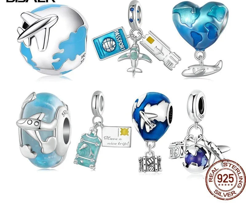 Sterling Silver Blue Traveling Airplane Charm Bead