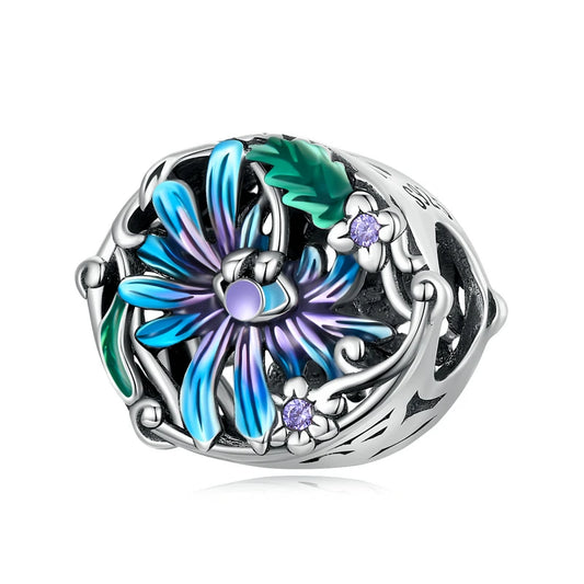 Sterling silver butterfly charm bead with wildflower design

