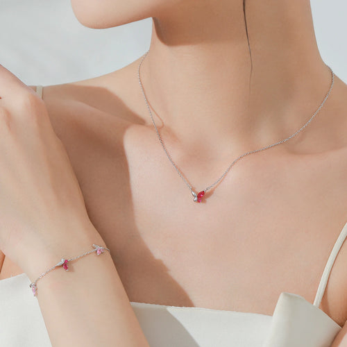 Pink Butterfly Bracelet Necklace 925 Sterling Silver