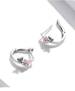 Sterling Silver Hoop Earrings Flower Leaves Bamboo