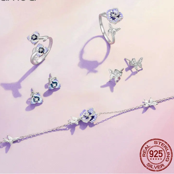 Purple Pansy Flower 925 Silver Necklace Earrings & Ring Set