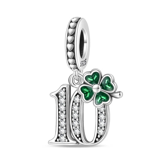 Sterling silver number 10 dangle charm with green four-leaf clover