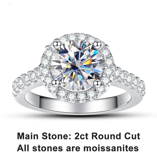 Front view of 2 carat D color moissanite halo engagement ring in sterling silver