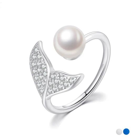 S925 sterling silver mermaid fishtail open ring with zircon and freshwater pearl