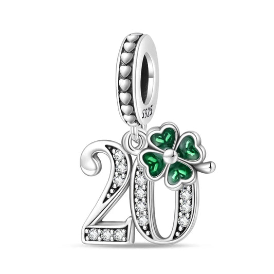 Sterling silver number 20 dangle charm with green four-leaf clover – lucky milestone bead

