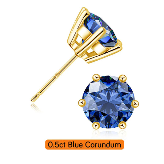 Elegant 6-claw design 18K yellow gold stud earrings with moissanite and corundum stones