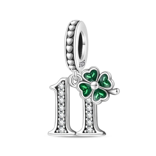 Sterling silver number 11 dangle charm with green four-leaf clover – birthday and lucky bead

