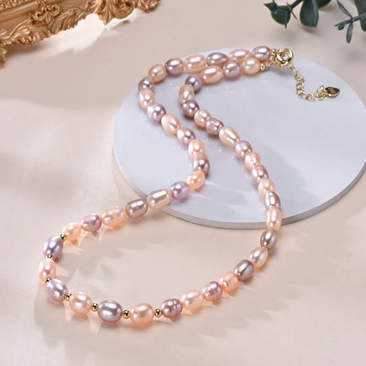 Mixed Color Rice Pearl Necklace – 925 Silver