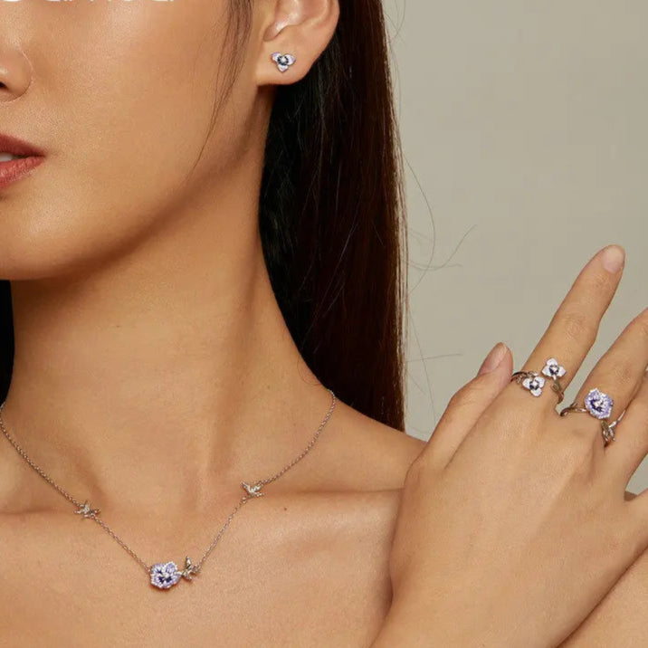 Purple Pansy Flower 925 Silver Necklace Earrings & Ring Set
